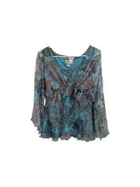 Vtg Fashion Bug Silk Blouse Womens L Teal Blue Paisley Bell Sleeve 2 Piece Y2K